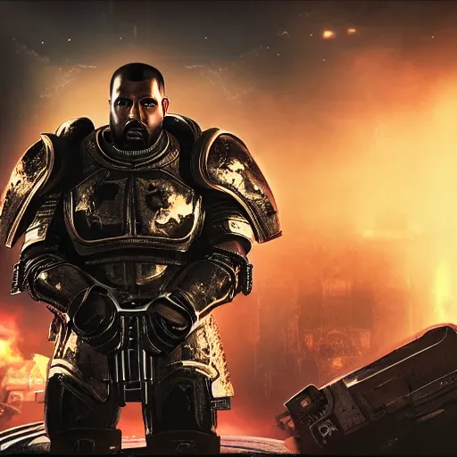Prompt: Portrait of Kanye West as the emperor of humanity from warhammer 40k in Gears of War, splash art, movie still, cinematic lighting, dramatic, octane render, long lens, shallow depth of field, bokeh, anamorphic lens flare, 8k, hyper detailed, 35mm film grain