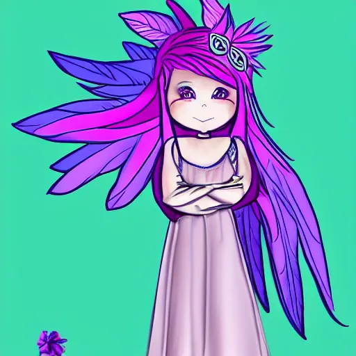 Image similar to little girl with eccentric pink hair wearing a dress mada of purple feather, art by dcwj