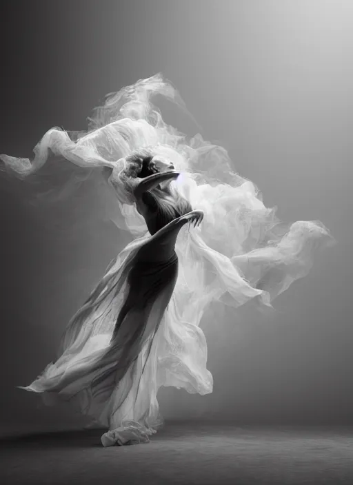 Image similar to a Photorealistic dramatic hyperrealistic render of a glamorous beautiful Female smoke dancer by Ken Brower and Deborah Ory of NYC Dance project,Lois Greenfield,Flowing cloth and smoke,Beautiful dynamic dramatic dark moody lighting,volumetric,shadows,cinematic atmosphere,Octane render,8K