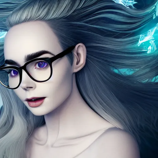 Prompt: abeautiful + blonde + dragon queen + white hair + cool black glasses + tights suit + lily collins, floating under the deep dream water, beautiful smooth soft light + white petal, black background, oil paint, cinematic lighting, octane render, unreal engine 5, closeup, 4 k, highly detailed, instagram,