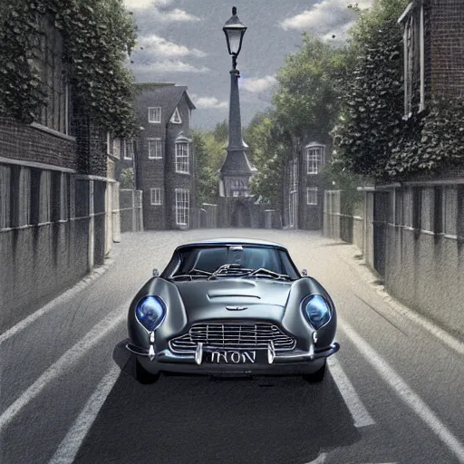 Image similar to a pencil sketch of anaston martin db 5, in a rich london mews residential street, medium range, studio ghibli, ( pixar ) and disney animation, sharp, very detailed, bloom, high resolution, anime key art by greg rutkowski