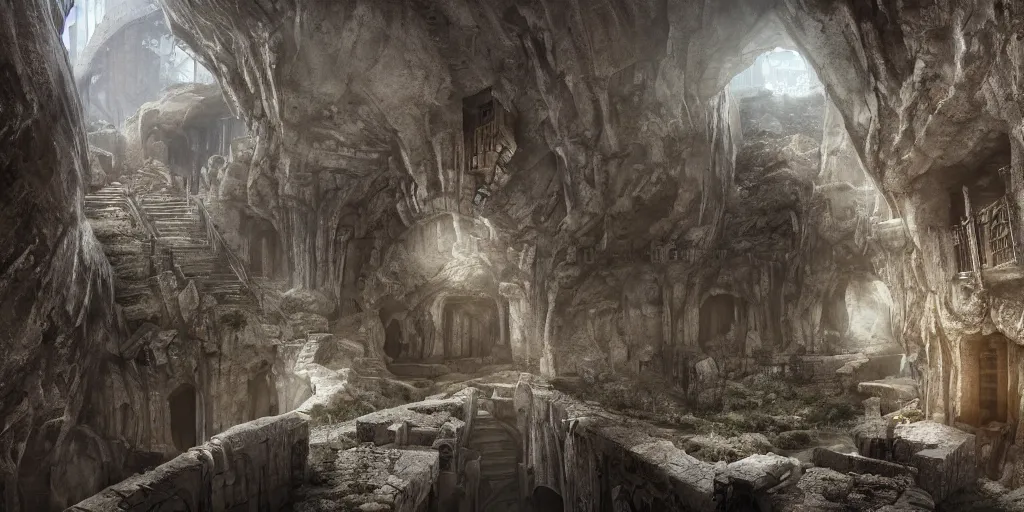 Prompt: a thriving underground city built in a round bottomless chasm, houses are carved into the sidewalls, long winding stairs going down, 8 k, shallow depth of field, moody lighting, ultra high detail, concept art,