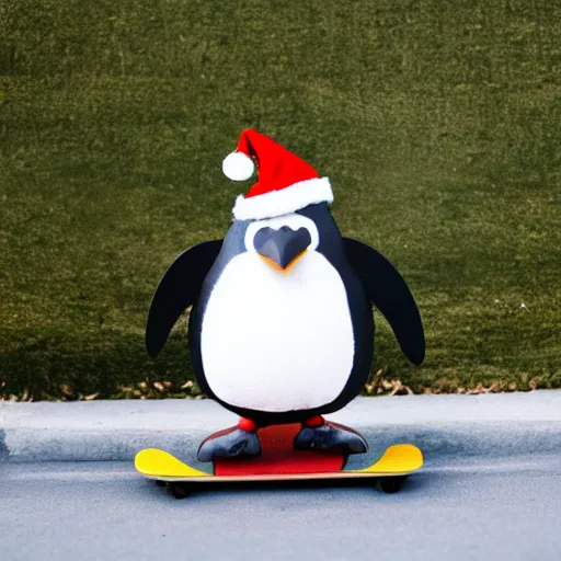 Image similar to penguin in santa hat on skateboard
