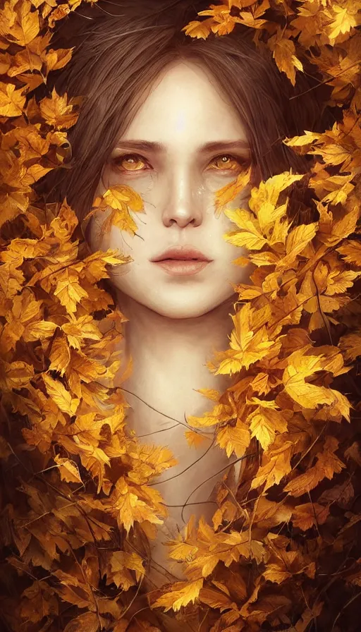 Image similar to golden leaves at frame border, creative!!! composition for a book cover!!!, absurdly beautiful, ultrafine hyperrealistic detailed old witch face by wlop and artgerm and greg rutkowski, intricate linework, sharp focus, smooth, octopath traveler, final fantasy, unreal engine, dramatic lighting, ethereal, 8 k