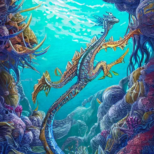 Image similar to underwater sea dragon, d & d style, trending on artstation, colorful, intricate, highly detailed art by ilse gort and yugin maffioli