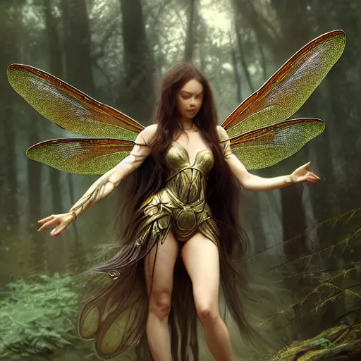 Image similar to photo of a humanoid dragonfly hybrid were a heroic dress an armour with dragonfly wings in the forest, long hair, highly detailed, digital painting, artstation, smooth, sharp focus, illustration, art by artgerm and greg rutkowski and alphonse mucha