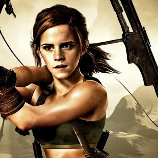 Image similar to Emma Watson as Lara Croft, promo art, highly-detailed, stunning