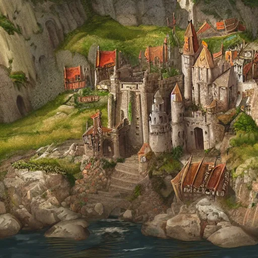 Image similar to Large medieval city on a cliff by the sea, very sunny, fantasy, medieval, highly detailed, Artstation