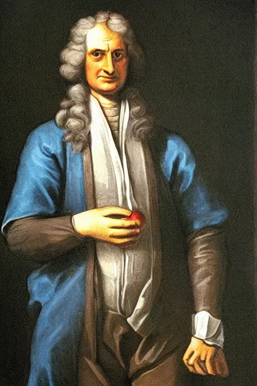 Prompt: isaac newton holding an apple