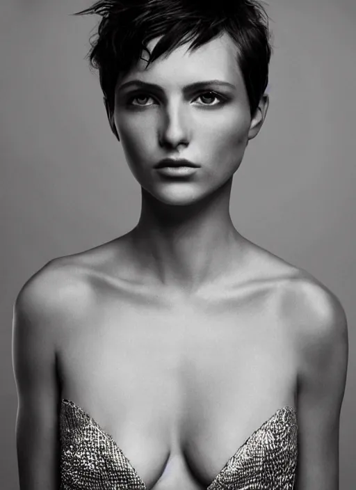 Prompt: a gorgeous female with short hair, photo by mert alas, mert and marcus, realistic, full body shot, wide angle, sharp focus, 8 k high definition, insanely detailed, intricate, elegant, floating embers