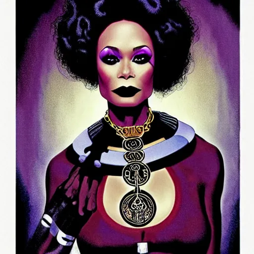 Image similar to thandiwe newton as the comic book character, death, a young and beautiful pale goth girl wearing a black vest and black punk hair, an ankh medallion hangs around her neck. dramatic makeup, the actress thandiwe newton, comic art portrait by joshua middleton and coles phillips, kandinsky,