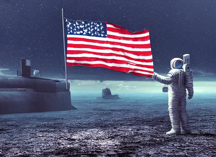 Image similar to astronaut holding a flag in an underwater desert. a submarine is visible in the distance. dark, concept art, cinematic, dramatic, atmospheric, 8 k, trending on artstation, blue, fish, low visibility, light rays, extremely coherent, bubbles, fog, ocean floor, christopher nolan, interstellar