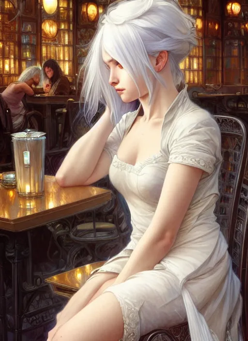 Image similar to a beautiful girl with white hair and bangs, sitting in a cafe, fantasy, intricate, elegant, highly detailed, digital painting, artstation, concept art, matte, sharp focus, illustration, art by Artgerm and Greg Rutkowski and Alphonse Mucha