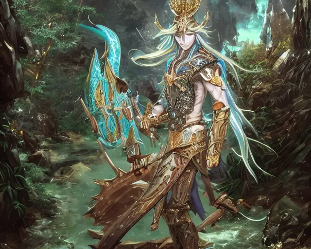 Image similar to an anime landscape of a knightly merfolk from magic the gathering wearing a ornate detailed armor garments and an atlantean crown, in a mystical forest from skyrim, by stanley artgerm lau, wlop, rossdraws, james jean, andrei riabovitchev, marc simonetti, and sakimichan, trending on artstation