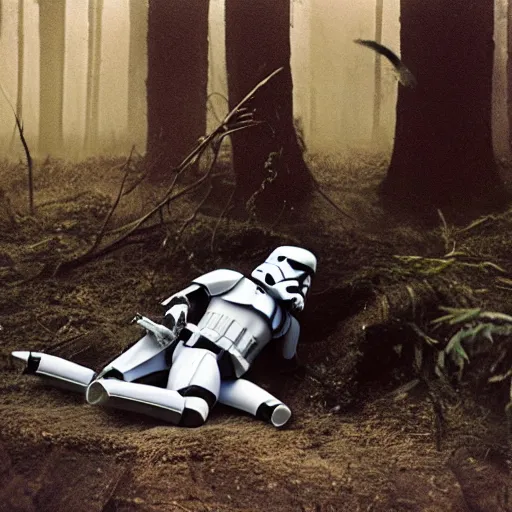 Image similar to war photography, the falling soldier, imperial stormtrooper, moment of death frozen in time, in endor, the body lies placidly on the ground, groundbreaking, breathtaking, awardwinning, by robert capa, digital intricate art, hyperrealist, detailed, 8 k, 3 5 mm, canon, extreme long shot