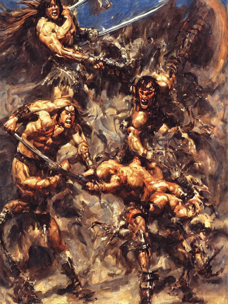 Prompt: Conan the barbarian fighting a giant spider,, oil painting by dean Cornwell sharp focus,