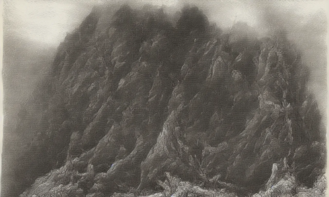 Prompt: an engraving of a lone gnarled tree clinging to a scree slope by gustave dore highly detailed, storybook illustration, lithograph engraving