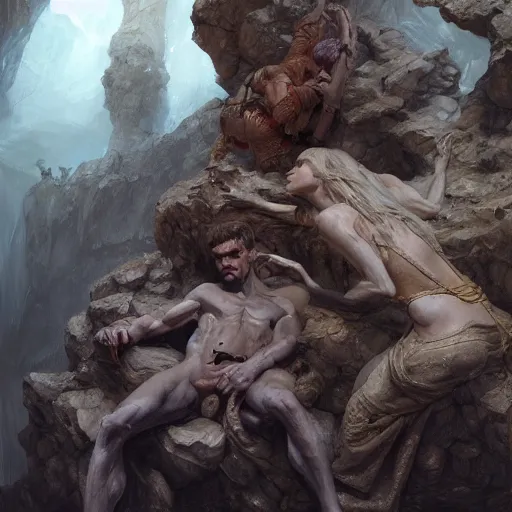 Image similar to allegory of the cave, platos cave, detailed, centered, digital painting, artstation, concept art, donato giancola, joseph christian leyendecker, wlop, boris vallejo, breathtaking, 8 k resolution, extremely detailed, beautiful, establishing shot, artistic, hyperrealistic, beautiful face, octane render, cinematic lighting, dramatic lighting, masterpiece