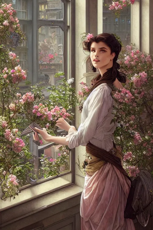 Image similar to ultra realistic illustration, old vintage card in city with flowers blossoming out the window, elegant, highly detailed, digital painting, concept art, smooth, sharp focus, illustration, art by artgerm and greg rutkowski and alphonse mucha