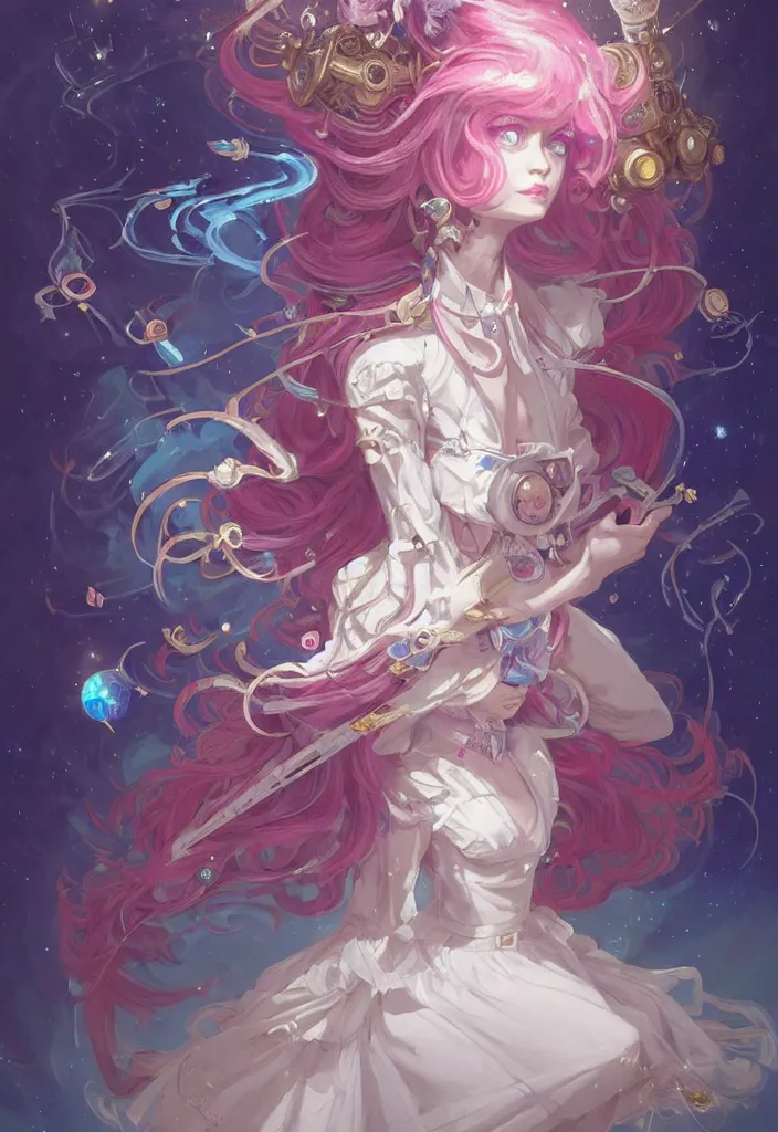 Image similar to full body picture of an maximalist dress magical girl, neat hair with bangs, smug face, extremely beautiful and aesthetic and detailed cute face and eyes, wipe out evils with cute astronaut familiar sprites, aming the magical beams to the camera, chiaroscuro, intricate, masterpiece, epic fantasy illustrations by peter mohrbacher and anato finnstark and jeremy lipking