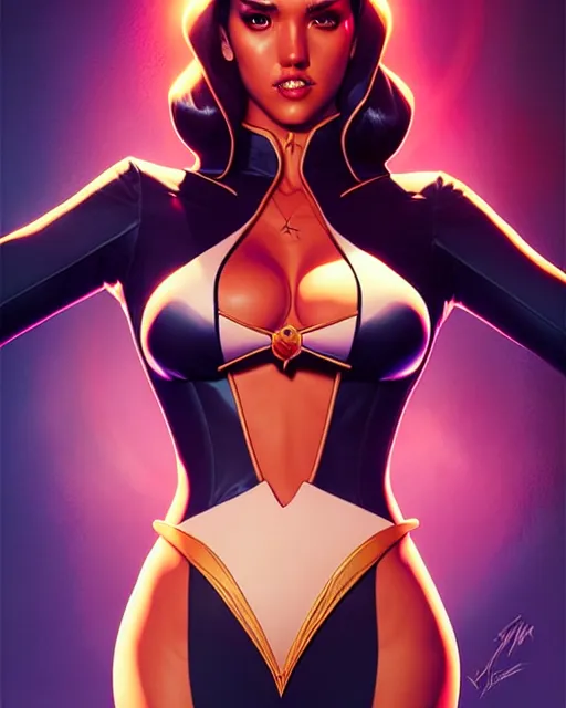 Prompt: artgerm, kilian eng comic book cover art, jessica alba as zatanna