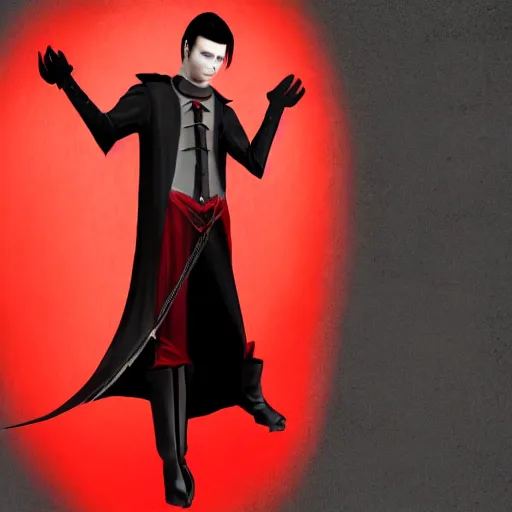 Image similar to a vampire, male, late - 4 0 s aged, long, slicked black hair, clean shaven, in red and black, medieval fantasy, digital art, cinematic shot, full body shot, concept art.
