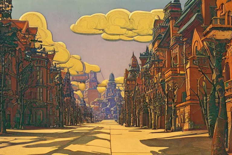 Prompt: tree-lined street in a very old very beautiful city by Gustav Bauernfeind and Nicholas Roerich, ornate wrought iron, strong dramatic cinematic lighting , colorful tiled architecture, lost civilizations, smooth, sharp focus, extremely detailed