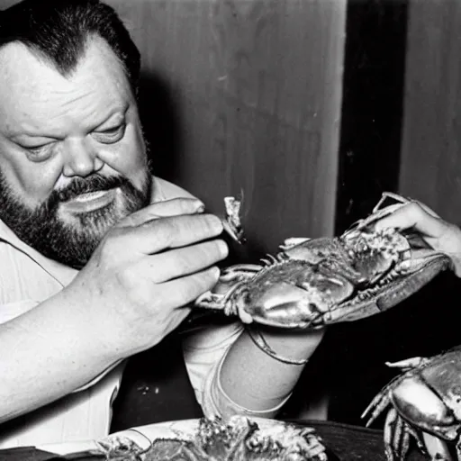 Image similar to Orson Welles eating crabs from of a barrel