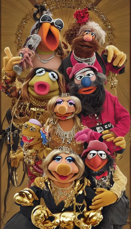 Prompt: the muppets are are gangsta rappers on stage at a concert, dressed in ornate hip hop clothing and wearing gold necklaces and bling, intricate, highly detailed, digital painting, artstation, symmetrical, concept art, smooth, sharp focus, illustration, unreal engine 5, 8 k, art by artgerm and greg rutkowski and alphonse mucha