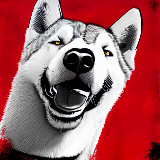 Prompt: a husky wearing a red shirt in the style of the red dead redemption 2 cover art