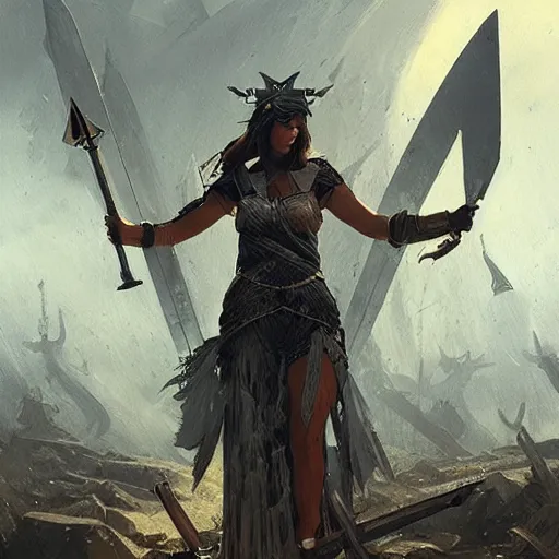 Image similar to valkyrie graveyard resembling the ace of swords tarot card by greg rutkowski