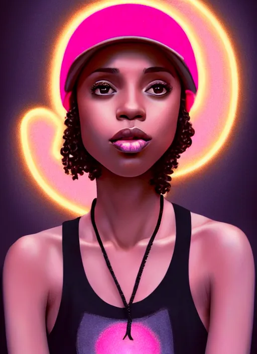 Image similar to portrait of teenage vanessa morgan with bright pink hair, black girl, vanessa morgan, curly pixie cut hair, wearing newsboy cap, newsboy cap, hoop earrings, intricate, elegant, glowing lights, highly detailed, digital painting, artstation, concept art, smooth, sharp focus, illustration, art by wlop, mars ravelo and greg rutkowski