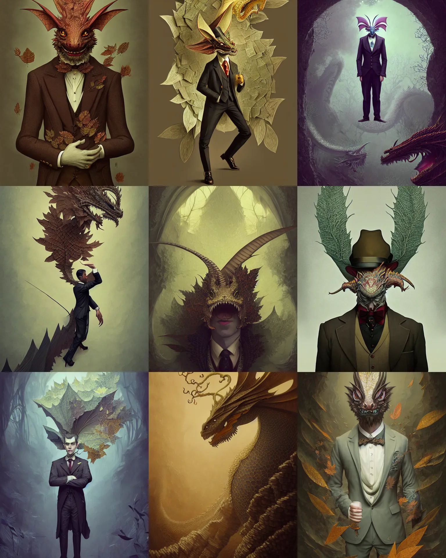 Prompt: anthropomorphic art of a dragon businessman, portrait, victorian inspired clothing by artgerm, victo ngai, ryohei hase, artstation. fractal paper, leaves. highly detailed digital painting, smooth, global illumination, fantasy art by greg rutkowsky, karl spitzweg