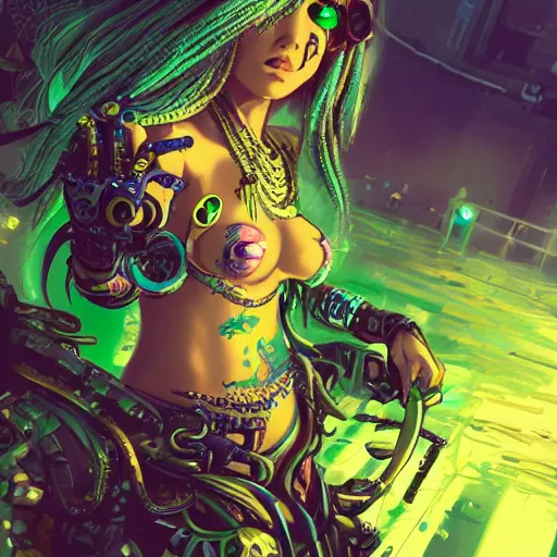 Prompt: highly detailed portrait of a cyberpunk mermaid by Akihiko Yoshida, Greg Tocchini, 4k resolution, hearthstone inspired, monster hunter inspired, vibrant green, yellow, blue, white, coral and black color scheme with graffiti