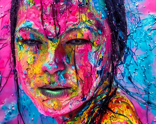 Prompt: still shot close up footage of the portrait of a female head made of acrylic pour and coloured powder explosion and splashing paint and dripping paint and flying paint chunks, motion blur, hyperrealistic, medical, intricate art photography, anatomically correct, realistic crisp textures, 1 6 k