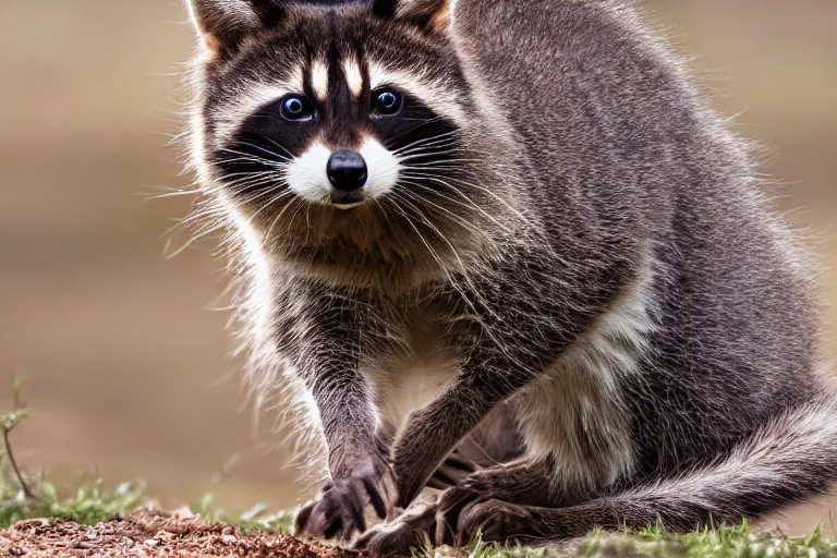 Image similar to a cat!!! racoon hybrid! hyper realistic!! realistic lighting!! wildlife photographer of the year!!! bold natural colors, national geographic, hd, wide angle, 8 k