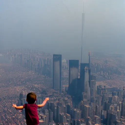 Prompt: a small child jumping in the air pushing the airplane away from the twin towers building