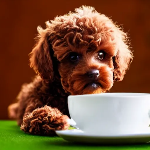 Image similar to very realistic cute brown poodle puppy sitting inside a tea cup