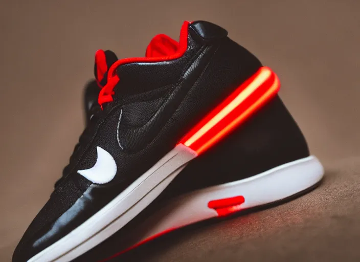 Image similar to product still of Darth Vader signature Nikes, metallic black with white stripes and a glowing red swoosh, 85mm f1.8