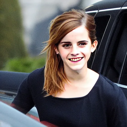 Prompt: emma watson unapologetically grinning from her car window, paparazzi photo, tabloid, perfect clear eyes, hermione granger