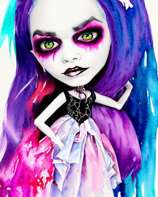 Image similar to colorful watercolor portrait of monster high draculaura doll, by sabrina eras, alice x. zhang, agnes - cecile, blanca alvarez, very detailed