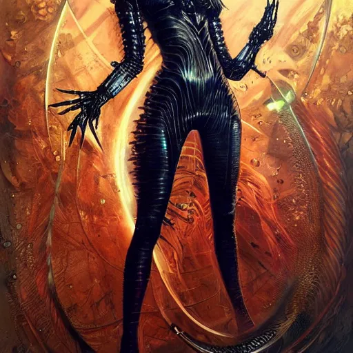 Image similar to a full body beautiful woman wearing a cyberpunk outfit by karol bak, ayami kojima, artgerm, sakimichan, hr giger, blue eyes, weapons, electronics, high tech, concept art, fantasy