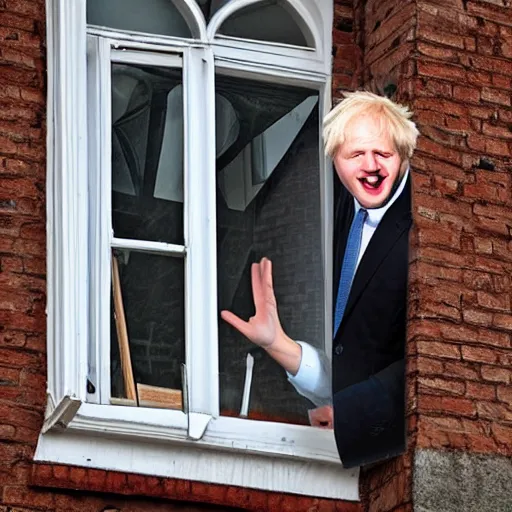 Prompt: a photo taken from the inside of an old house, showing window blinds being pulled back to reveal a terrifying boris johnson with his unhinged face pressed against the window, boris ’ hand placed on the window, horrifying grin. horror, raining, night time