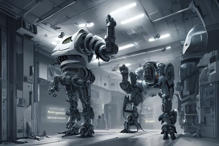 Image similar to parallax datacenter server room single mono colossus white rusty android robosaurus in artstation cinematic detailed