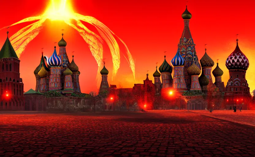 Image similar to nuclear explosion with realistic nuclear mushroom in Red Square Kremlin, beautiful dynamic lighting, cinematic shot, extremely high detail, photo realistic, cinematic lighting, post processed, artstation, matte painting, digital painting