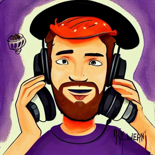 Image similar to streamer on twitch with black hat, stubble, ginger hair, orange hair, black cap, stubbles, red headphones, in the style of jeremiah ketner, art