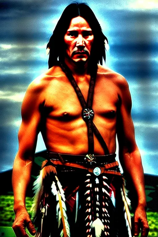 Image similar to Photo of Native American indian man Keanu Reeves, portrait, skilled warrior of the Apache, ancient, realistic, detailed, Keanu Reeves