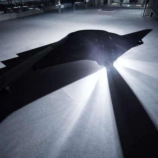 Prompt: photo of northrop b - 2 spirit, cinematic lighting, reflection on floor, f / 2. 4 lens flare