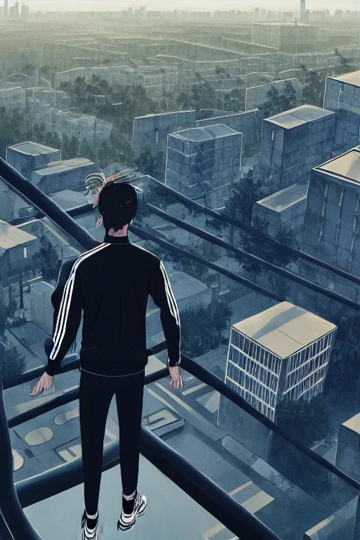 Image similar to Man in black adidas tracksuit looking atop of a urban plateau filled with soviet apartment buildings, golden hour, dreamy, beautiful clouds, ultra detailed beautiful lighting, 4k, wallpaper, russian cityscape, beautiful artwork by Makoto Shinkai