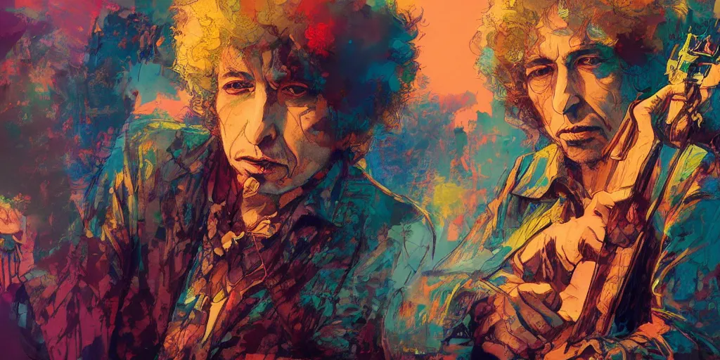 Prompt: bob dylan 1 9 7 6, colorful, series of dreams, contrast, kim jung gi, greg rutkowski, zabrocki, karlkka, jayison devadas, trending on artstation, 8 k, ultra wide angle, zenith view, pincushion lens effect